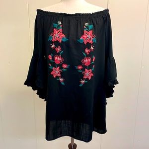 Flying Tomato Off Shoulder Dress Black Small Floral Embroidery Great Condition